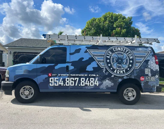 Air Condition Army service van on site for package unit installation in Broward County